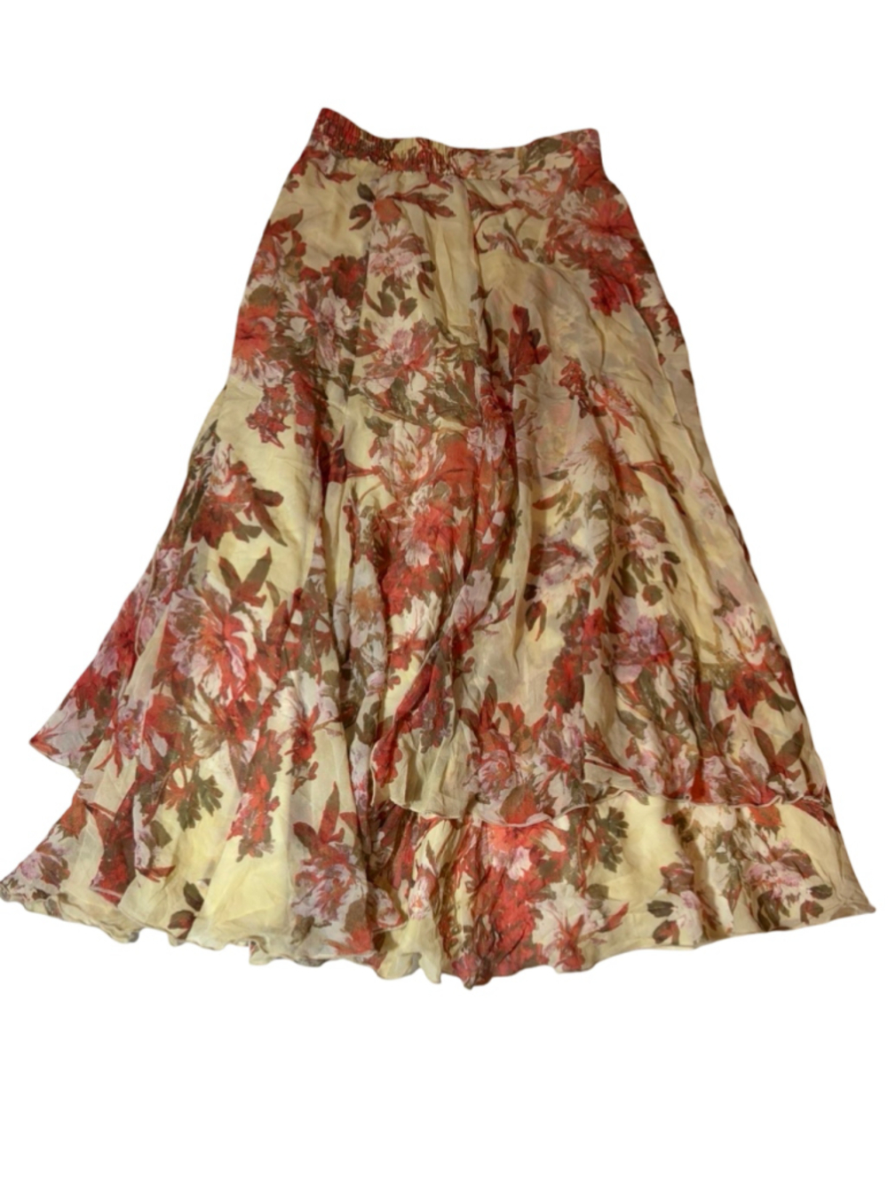 Vintage Japanese Chariot Silk Floral Asymmetrical Tiered Maxi Skirt Mori Kei